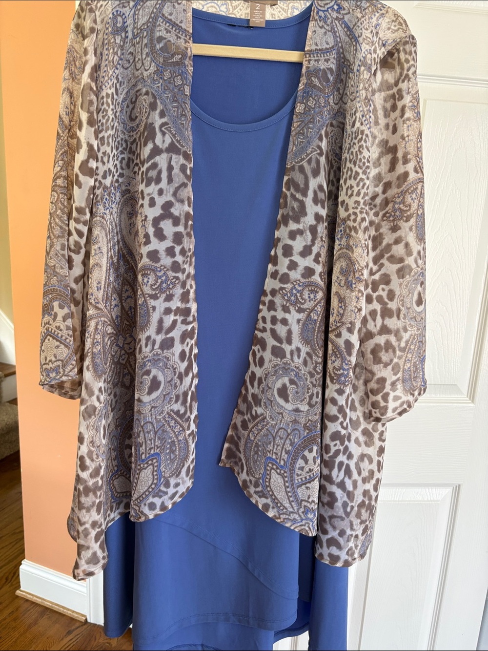 Chico's Blue Midi Dress with Beige Paisley & Leopard Duster